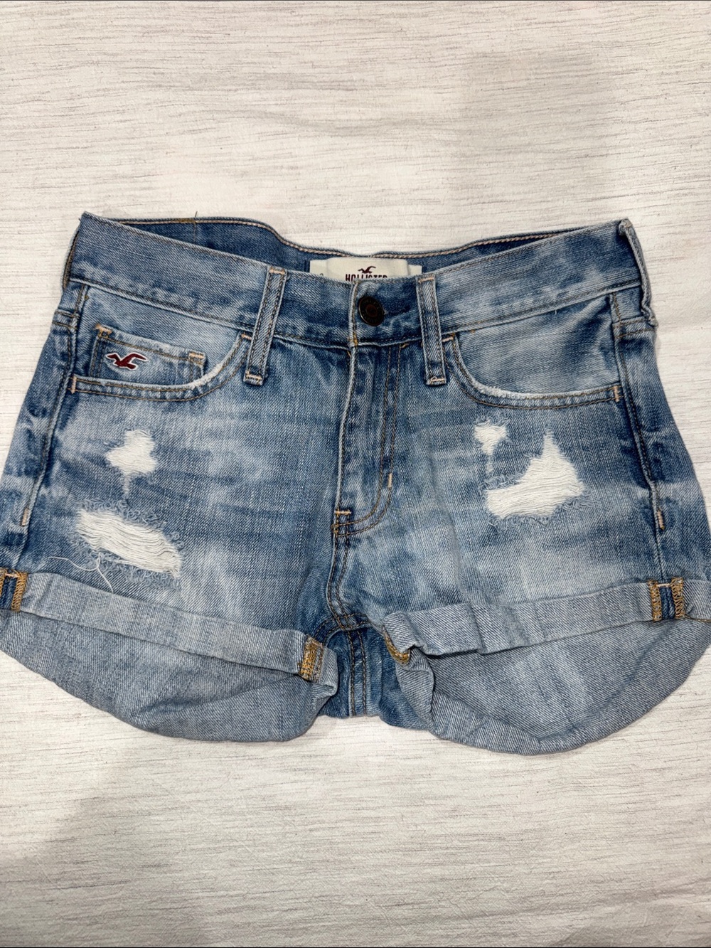Hollister Faded Blue Distressed Denim Roll-Hem Shorts